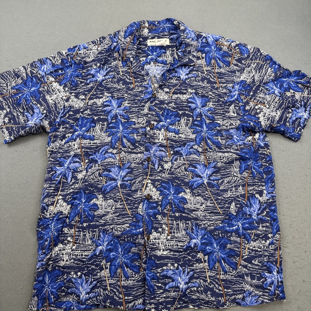 MILSON KY'S Shirt Men L Blue Aloha Hawaiian Scenic Print S/S Beach USA